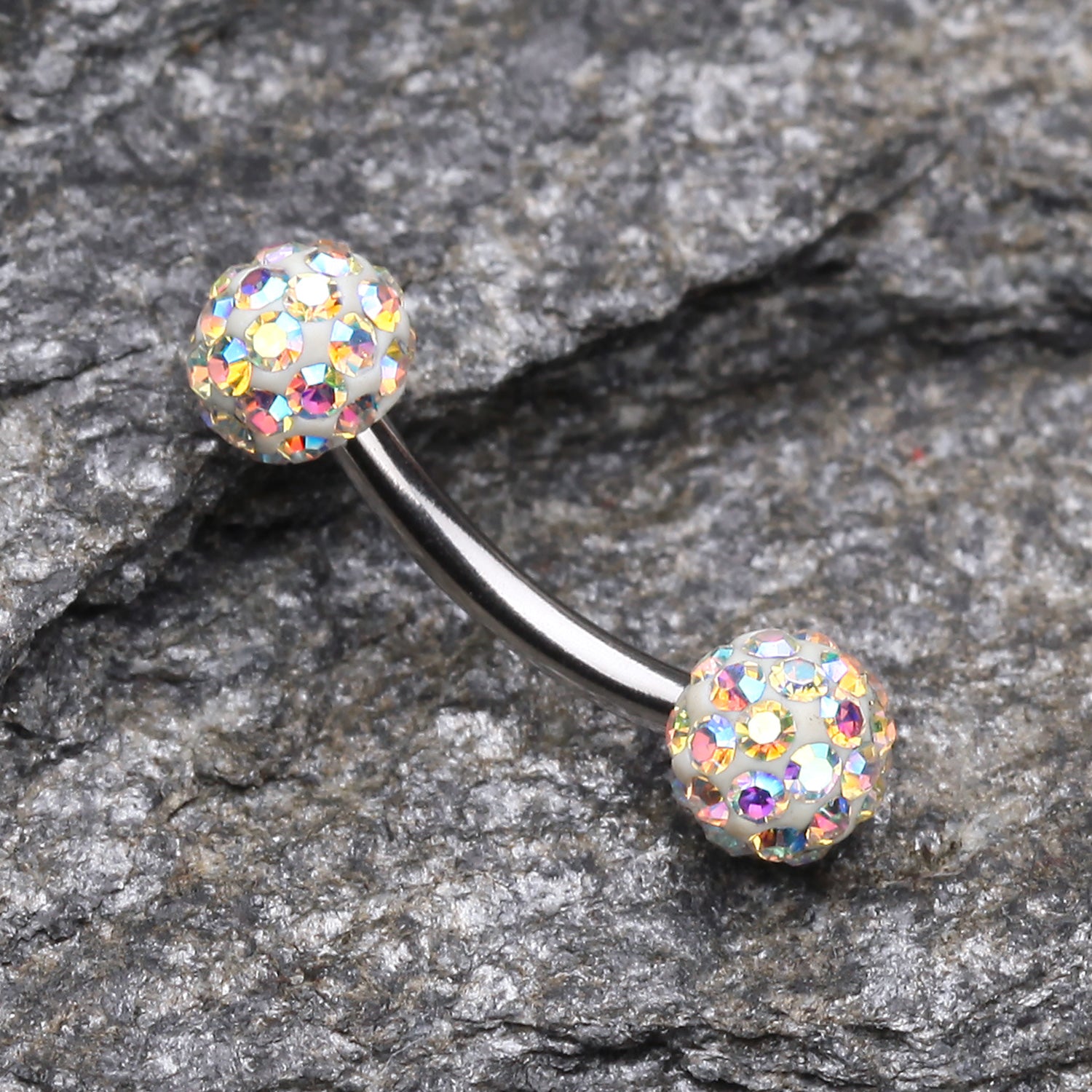 Detail View 1 of Multi-Gem Sparkle Curved Barbell Eyebrow Ring-Aurora Borealis