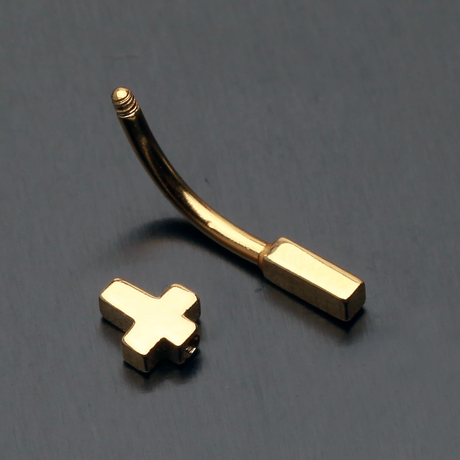 Detail View 1 of Golden Cross Curved Barbell Eyebrow Ring-Gold