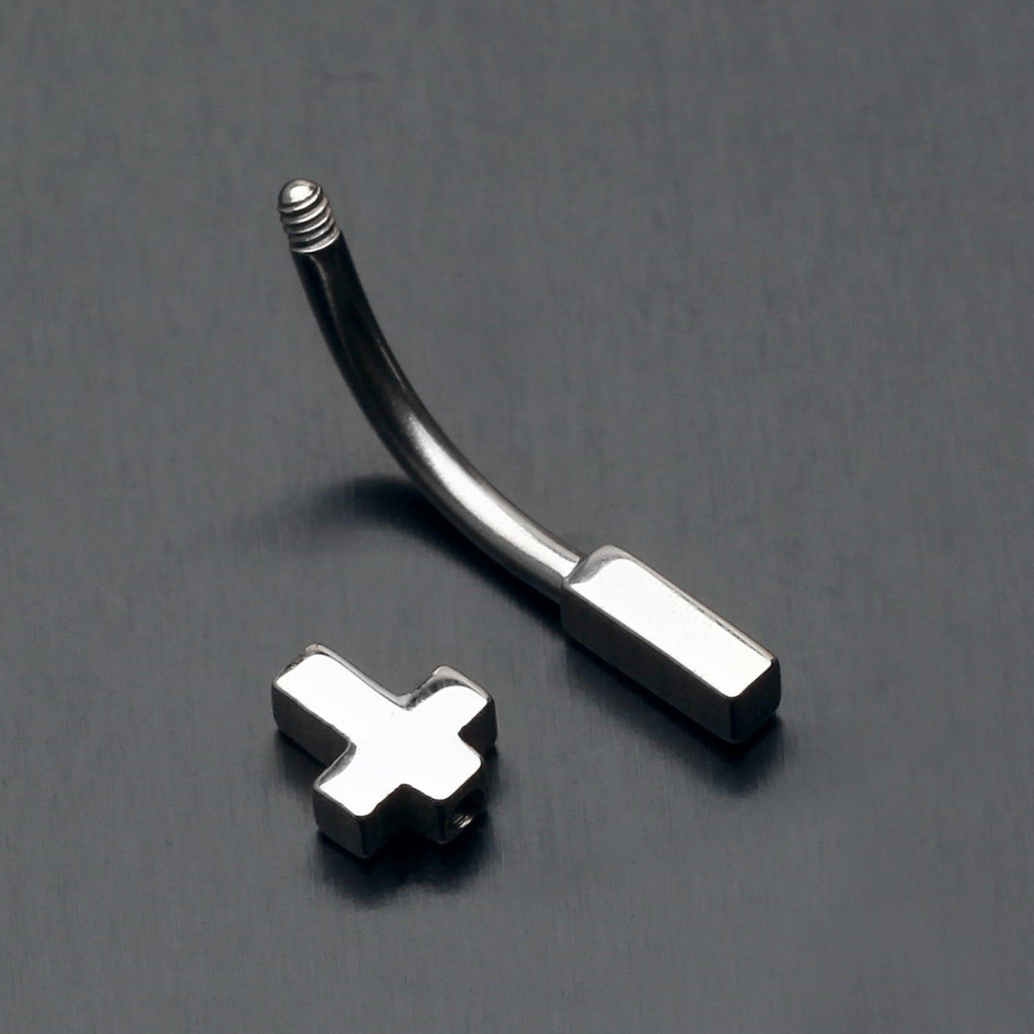 Detail View 1 of Classic Cross Curved Barbell Eyebrow Ring-Steel