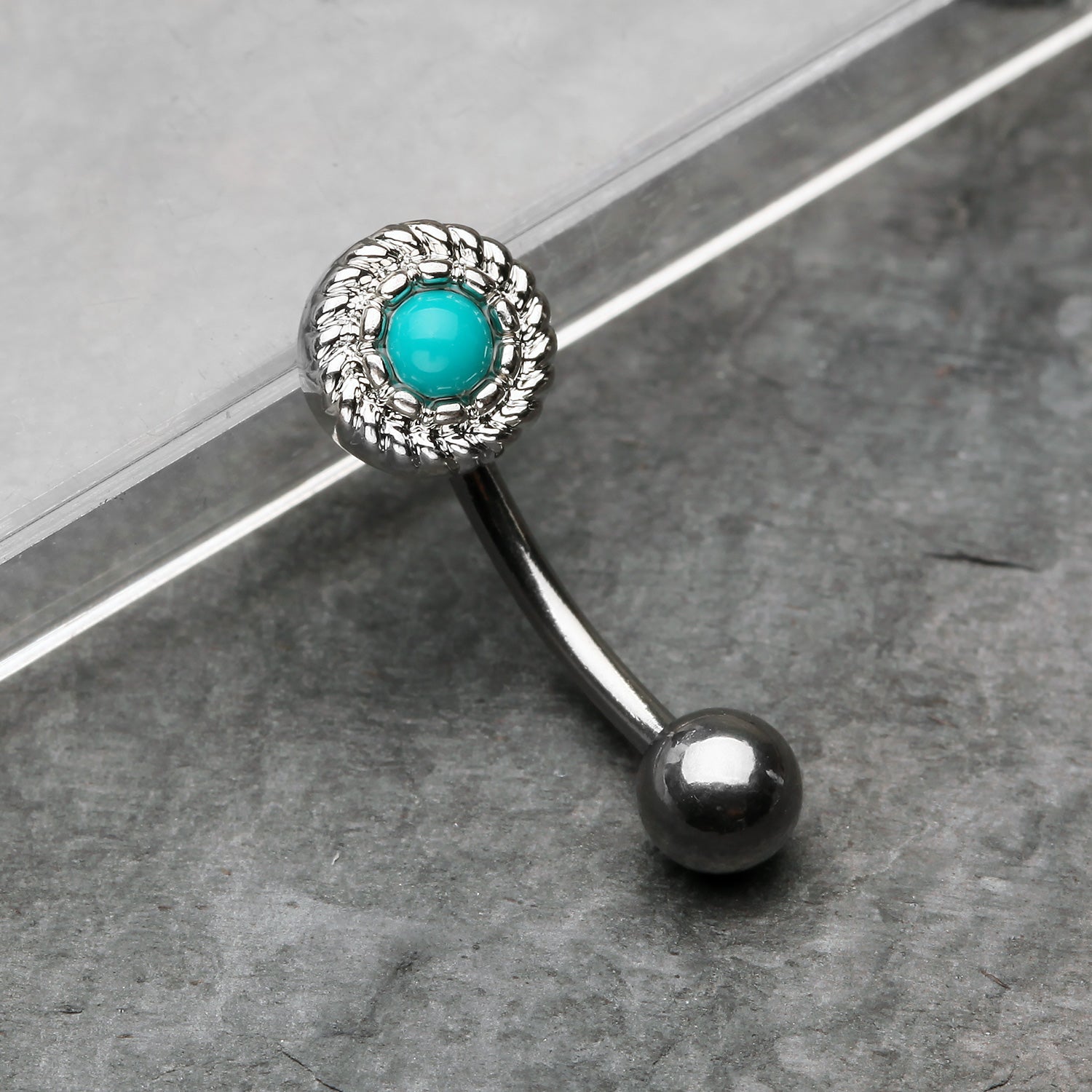 Detail View 1 of Vintage Rope Turquoise Eyebrow Curved Barbell Ring -Turquoise
