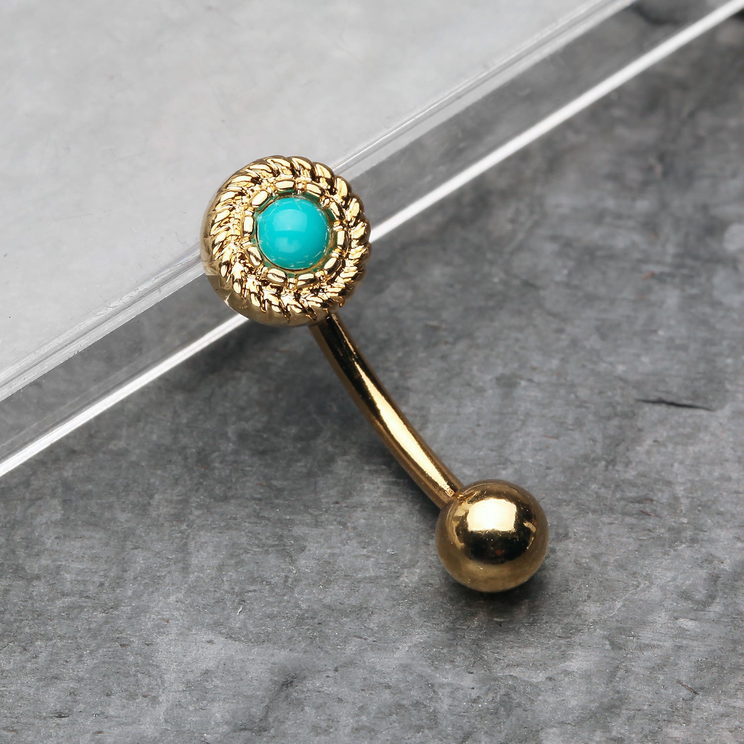 Detail View 1 of Golden Vintage Rope Turquoise Eyebrow Curved Barbell Ring -Turquoise