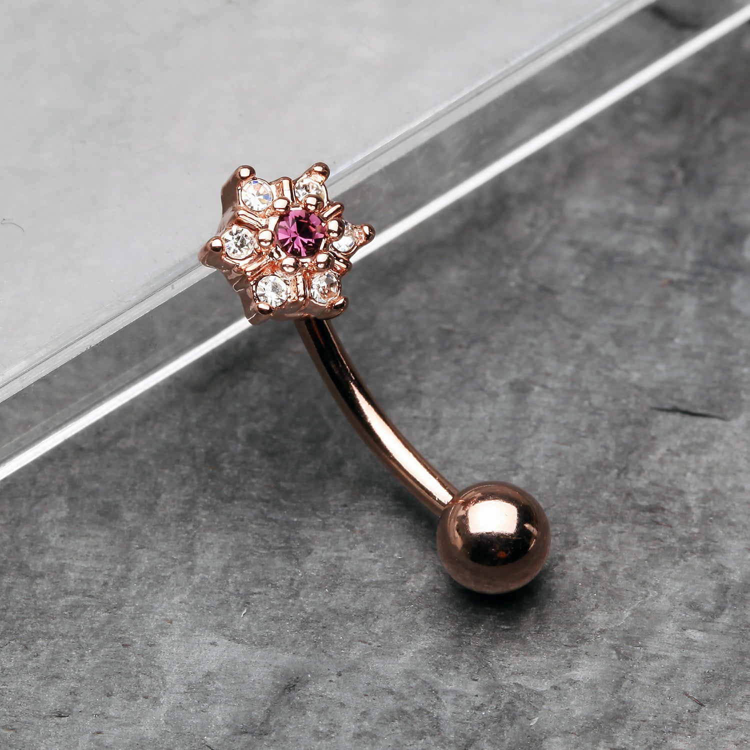 Detail View 1 of Rose Gold Brilliant Sparkle Spring Flower Eyebrow Curved Barbell Ring-Clear Gem/Purple