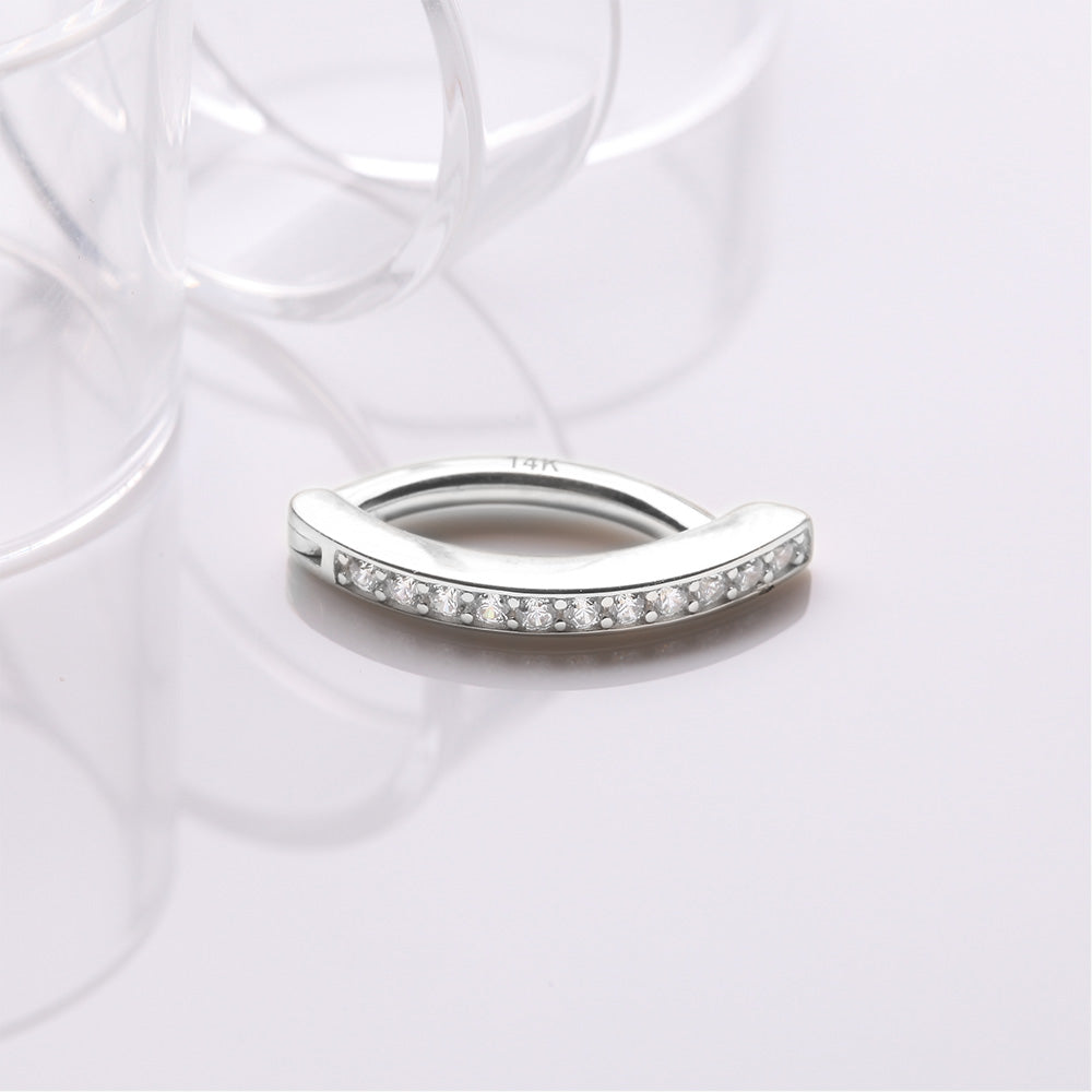 Detail View 2 of 14 Karat White Gold Sparkle Gem Lined Minimalist Curved Bar Belly Clicker-Clear Gem