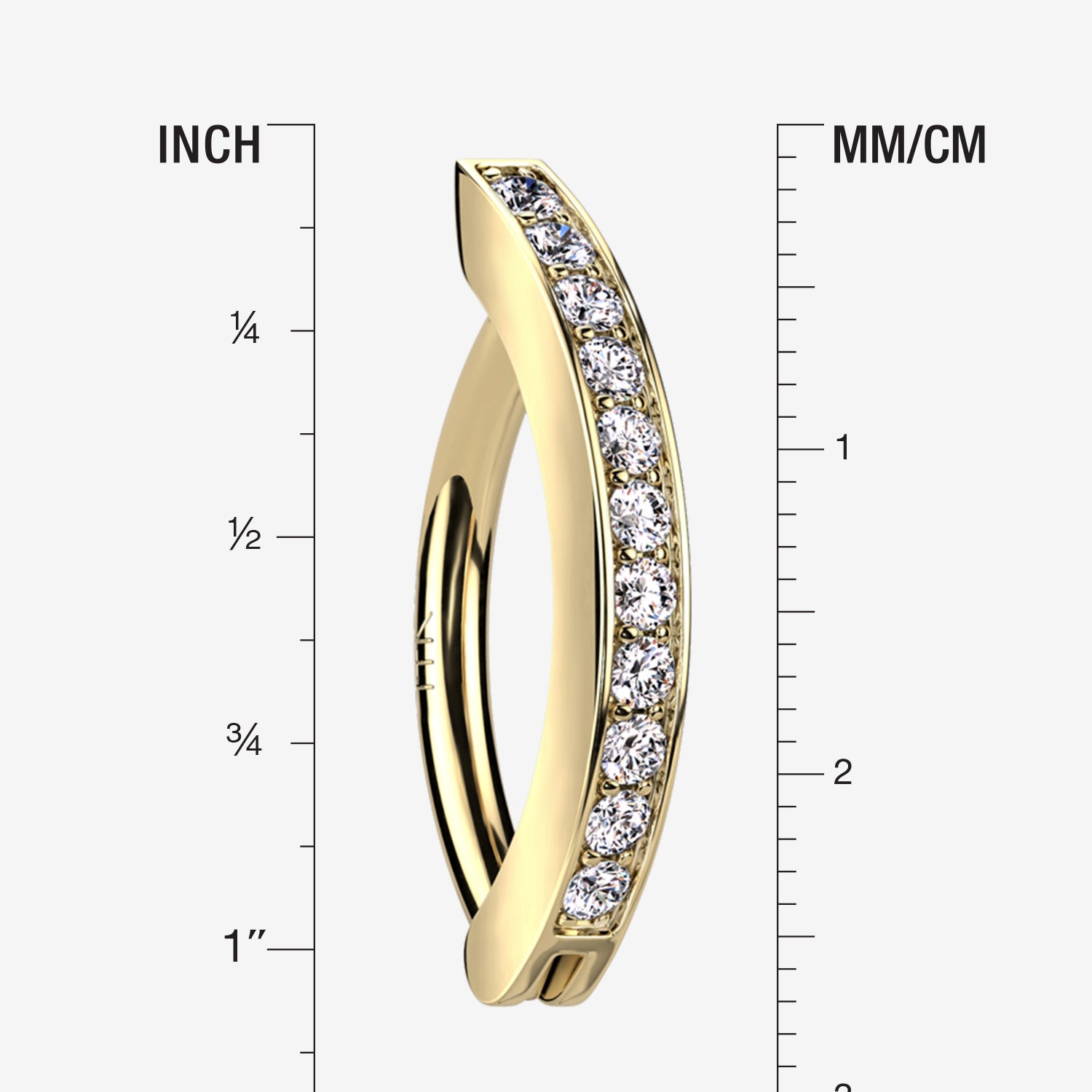 Detail View 1 of 14 Karat Gold Sparkle Gem Lined Minimalist Curved Bar Belly Clicker-Clear Gem