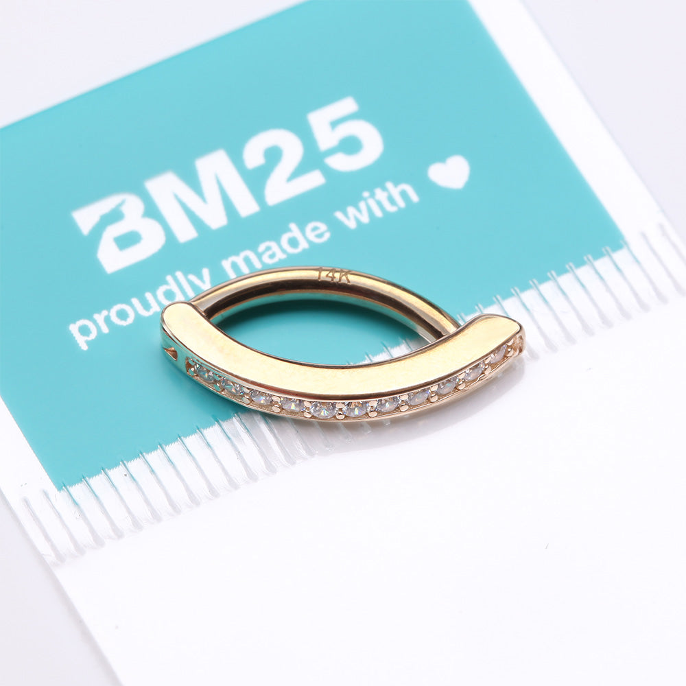 Detail View 4 of 14 Karat Gold Sparkle Gem Lined Minimalist Curved Bar Belly Clicker-Clear Gem