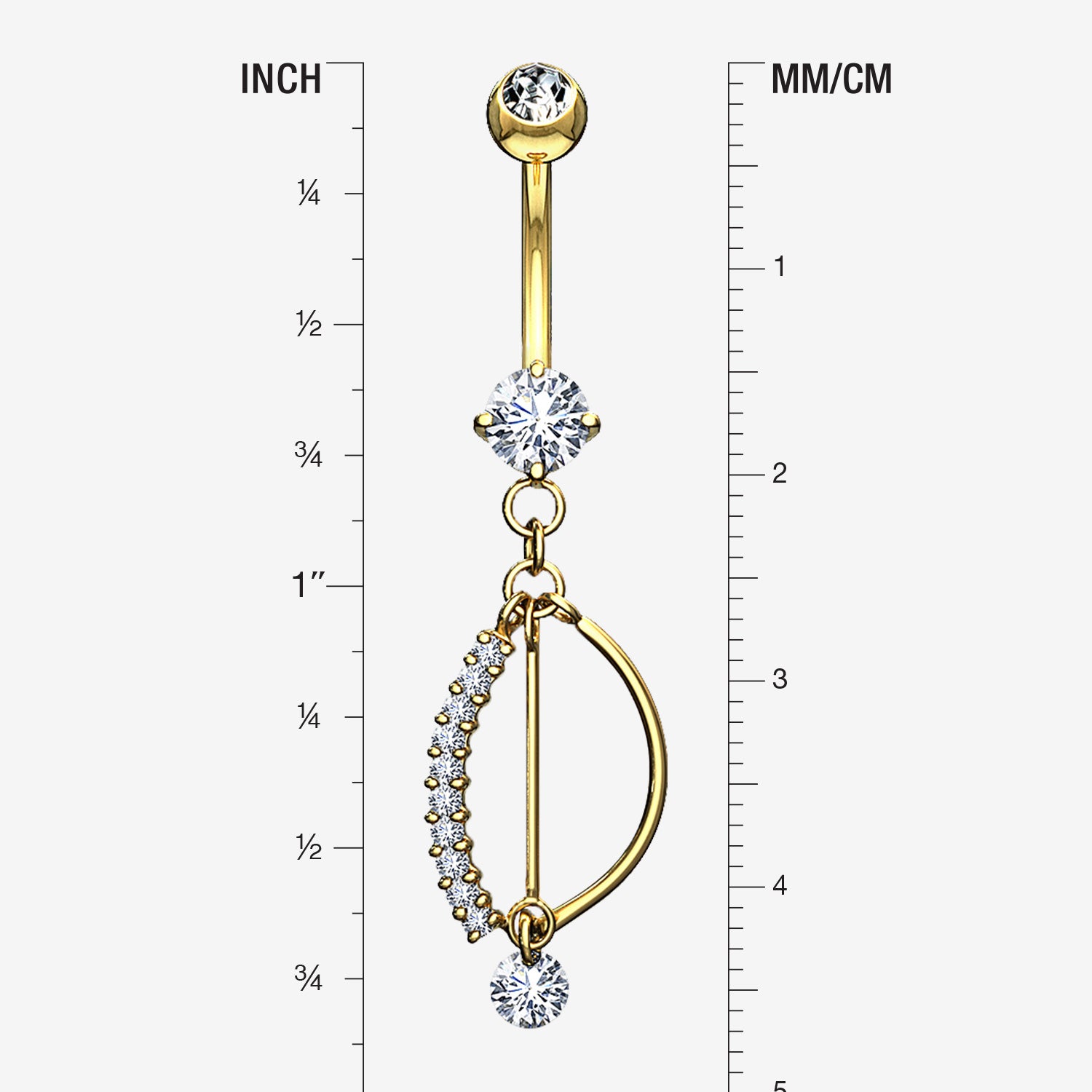 Detail View 1 of 14 Karat Gold Journey Sparkle Curvature Dangle Belly Button Ring-Clear Gem