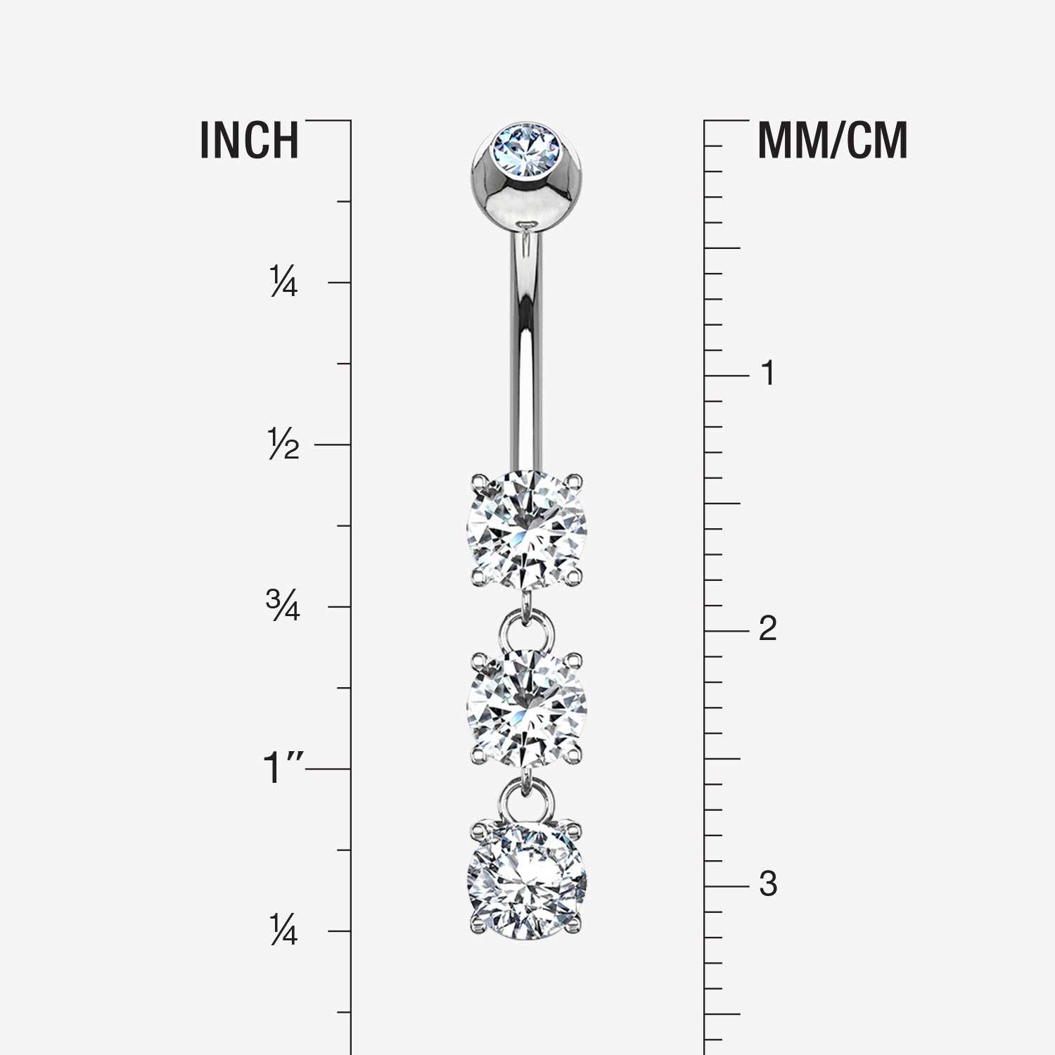 Detail View 1 of 14 Karat White Gold Brilliant Triple Dangle Sparkle Multi-Gem Belly Button Ring-Clear Gem
