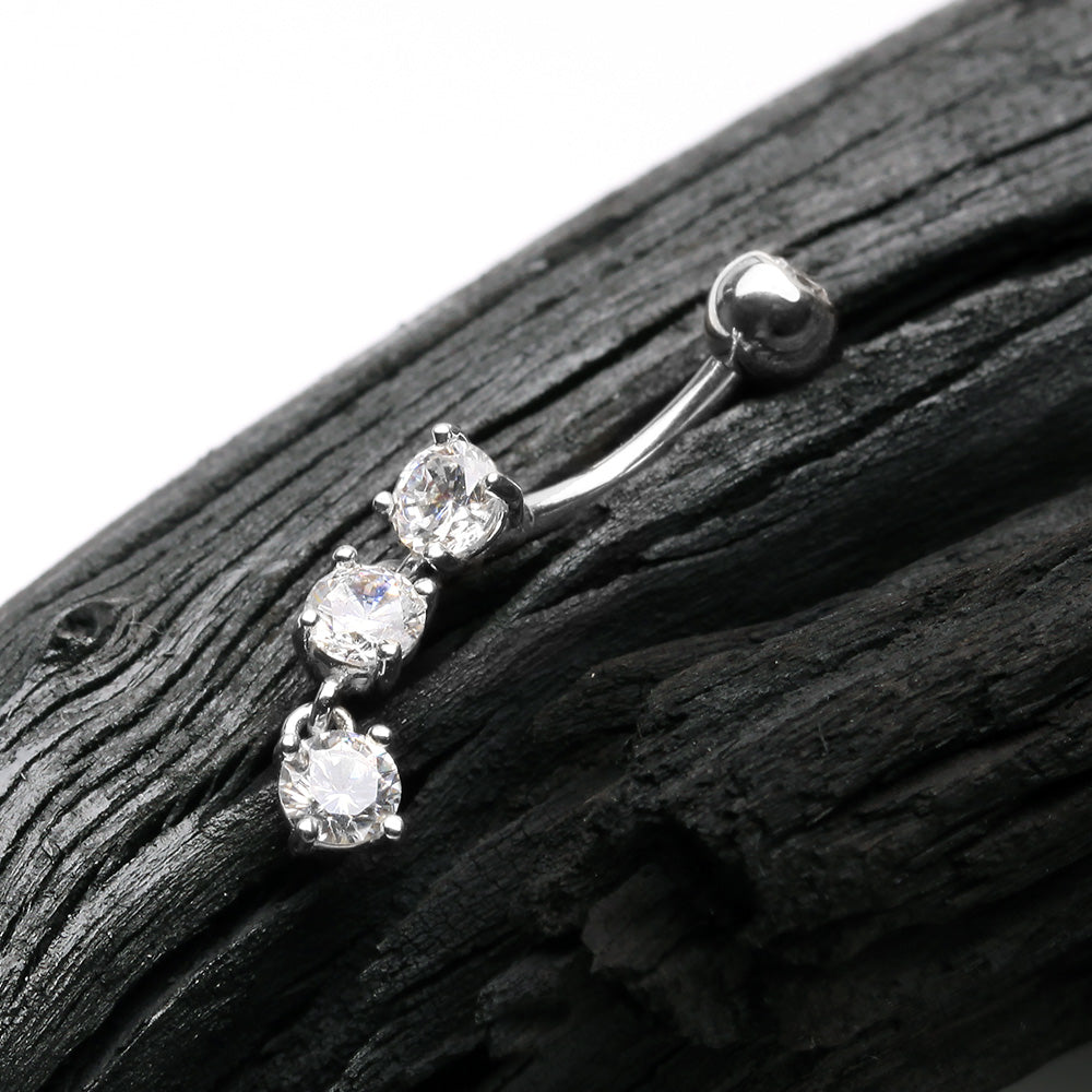 Detail View 2 of 14 Karat White Gold Brilliant Triple Dangle Sparkle Multi-Gem Belly Button Ring-Clear Gem