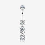 14 Karat White Gold Brilliant Triple Dangle Sparkle Multi-Gem Belly Button Ring