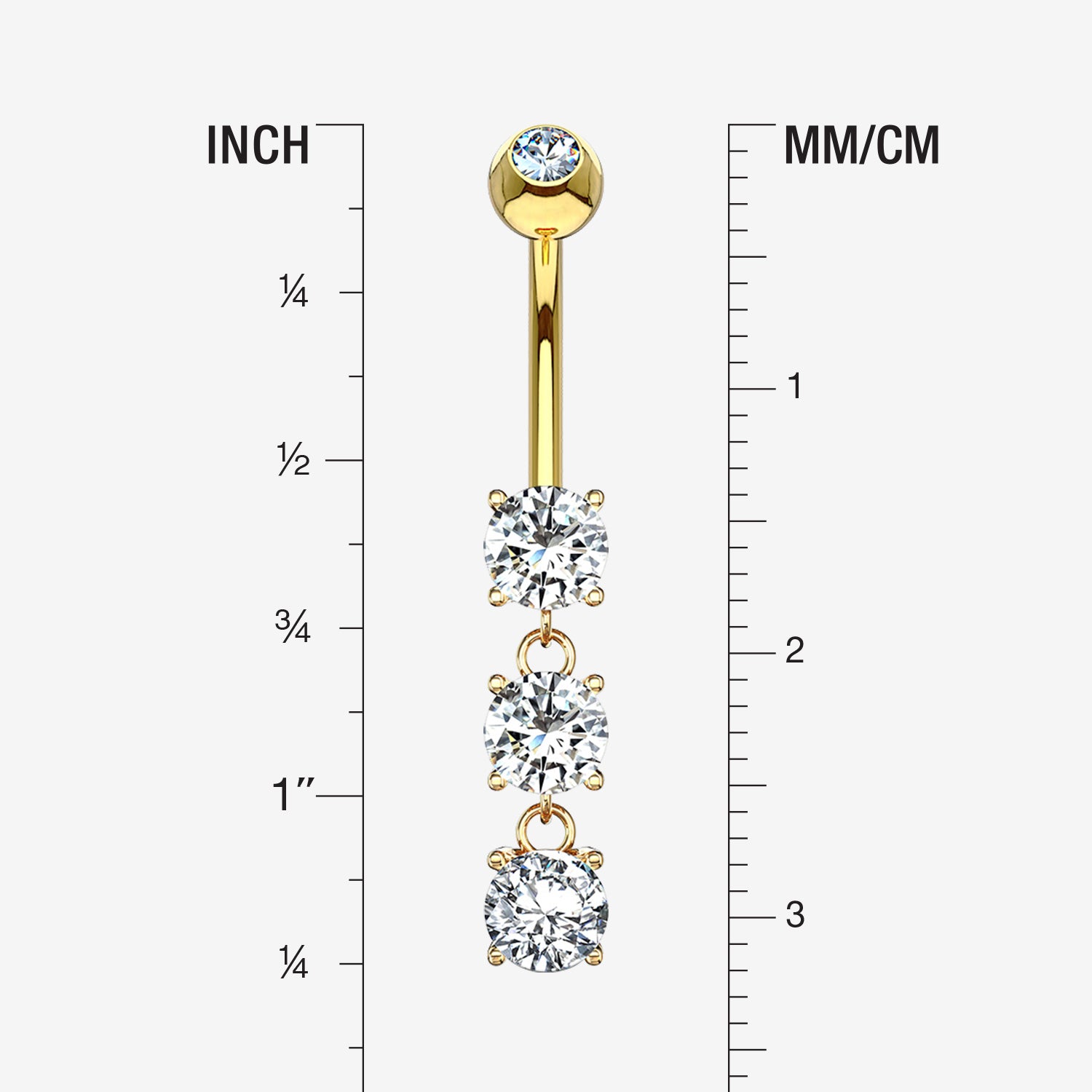 Detail View 1 of 14 Karat Gold Brilliant Triple Dangle Sparkle Multi-Gem Belly Button Ring-Clear Gem