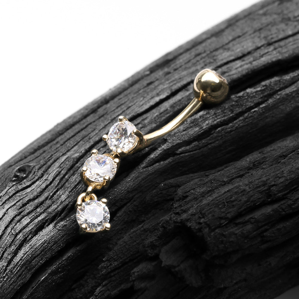 Detail View 2 of 14 Karat Gold Brilliant Triple Dangle Sparkle Multi-Gem Belly Button Ring-Clear Gem