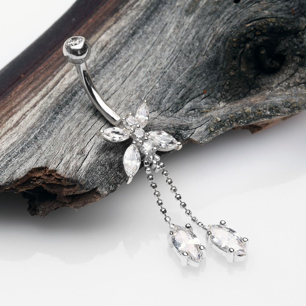 Detail View 2 of 14 Karat White Gold Marquise Butterfly Sparkle Dangle Belly Button Ring-Clear Gem