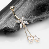 Detail View 2 of 14 Karat Gold Marquise Butterfly Sparkle Dangle Belly Button Ring-Clear Gem