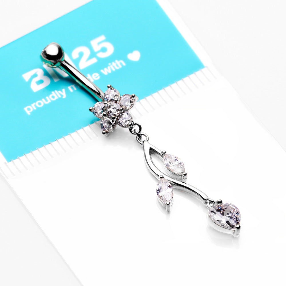 Detail View 3 of 14 Karat White Gold Spring Flower Vine Sparkle Dangle Belly Button Ring-Clear Gem
