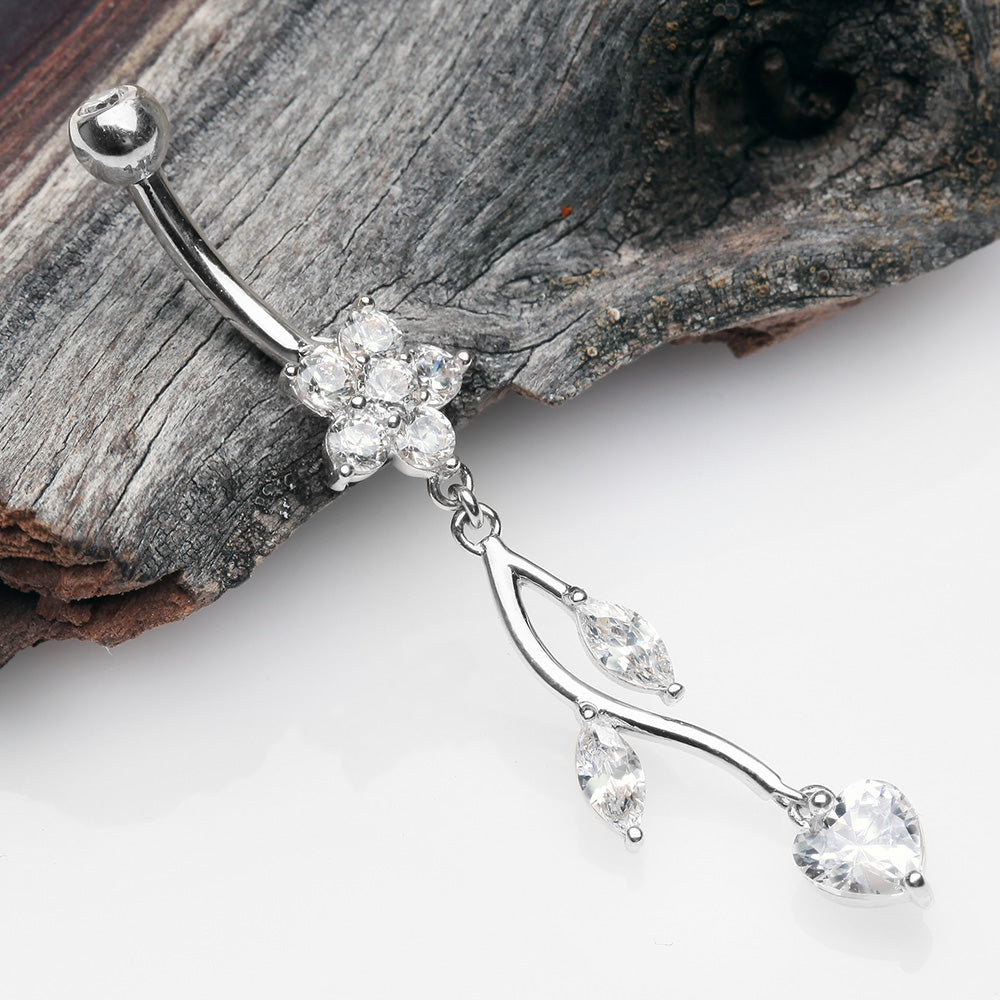 Detail View 2 of 14 Karat White Gold Spring Flower Vine Sparkle Dangle Belly Button Ring-Clear Gem