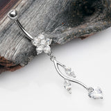Detail View 2 of 14 Karat White Gold Spring Flower Vine Sparkle Dangle Belly Button Ring-Clear Gem