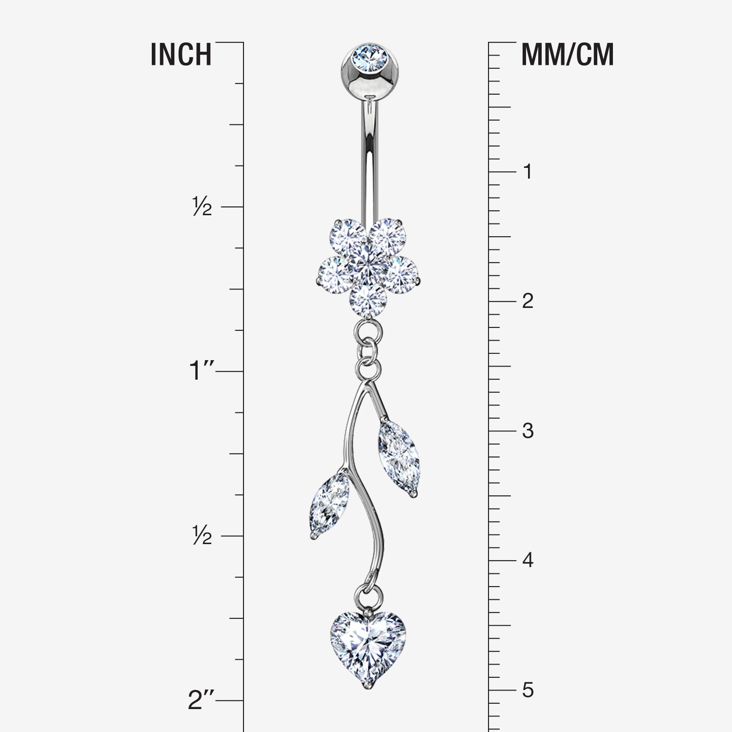 Detail View 1 of 14 Karat White Gold Spring Flower Vine Sparkle Dangle Belly Button Ring-Clear Gem