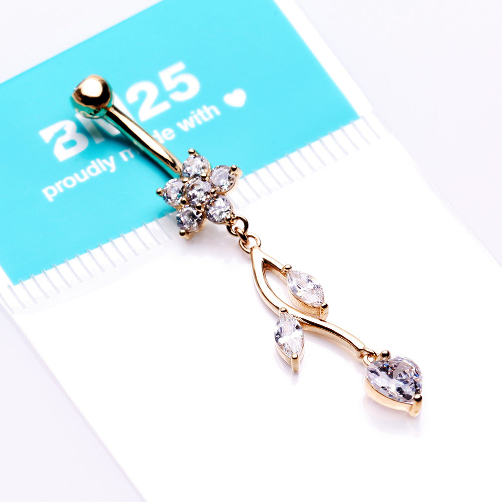 Detail View 3 of 14 Karat Gold Spring Flower Vine Sparkle Dangle Belly Button Ring-Clear Gem