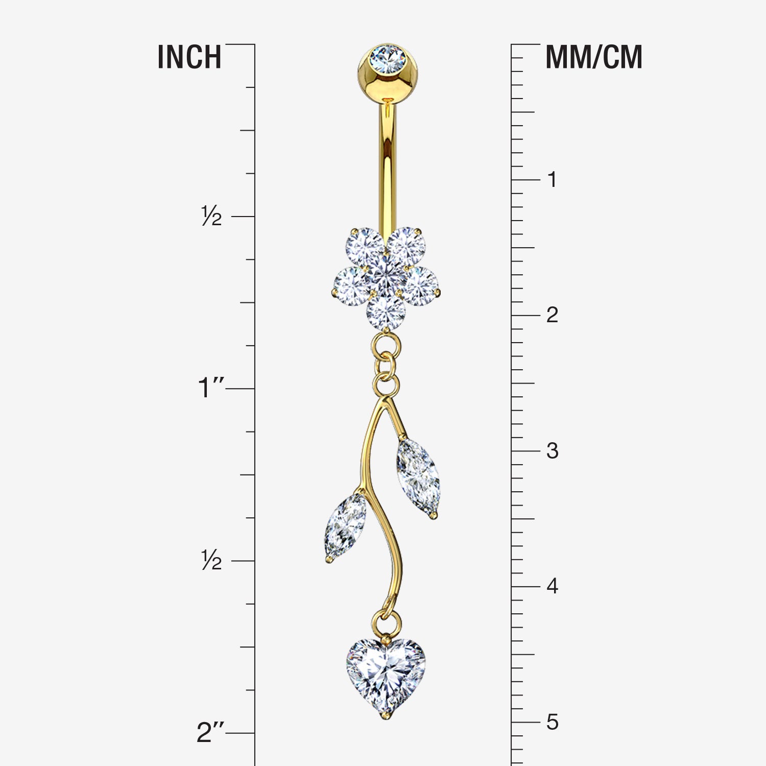 Detail View 1 of 14 Karat Gold Spring Flower Vine Sparkle Dangle Belly Button Ring-Clear Gem