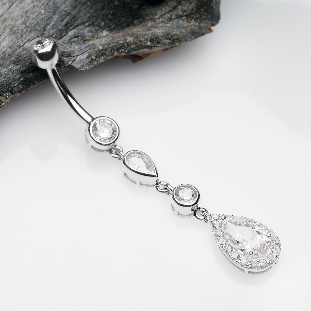 Detail View 2 of 14 Karat White Gold Brilliant Teardrop Cascading Sparkle Belly Button Ring-Clear Gem