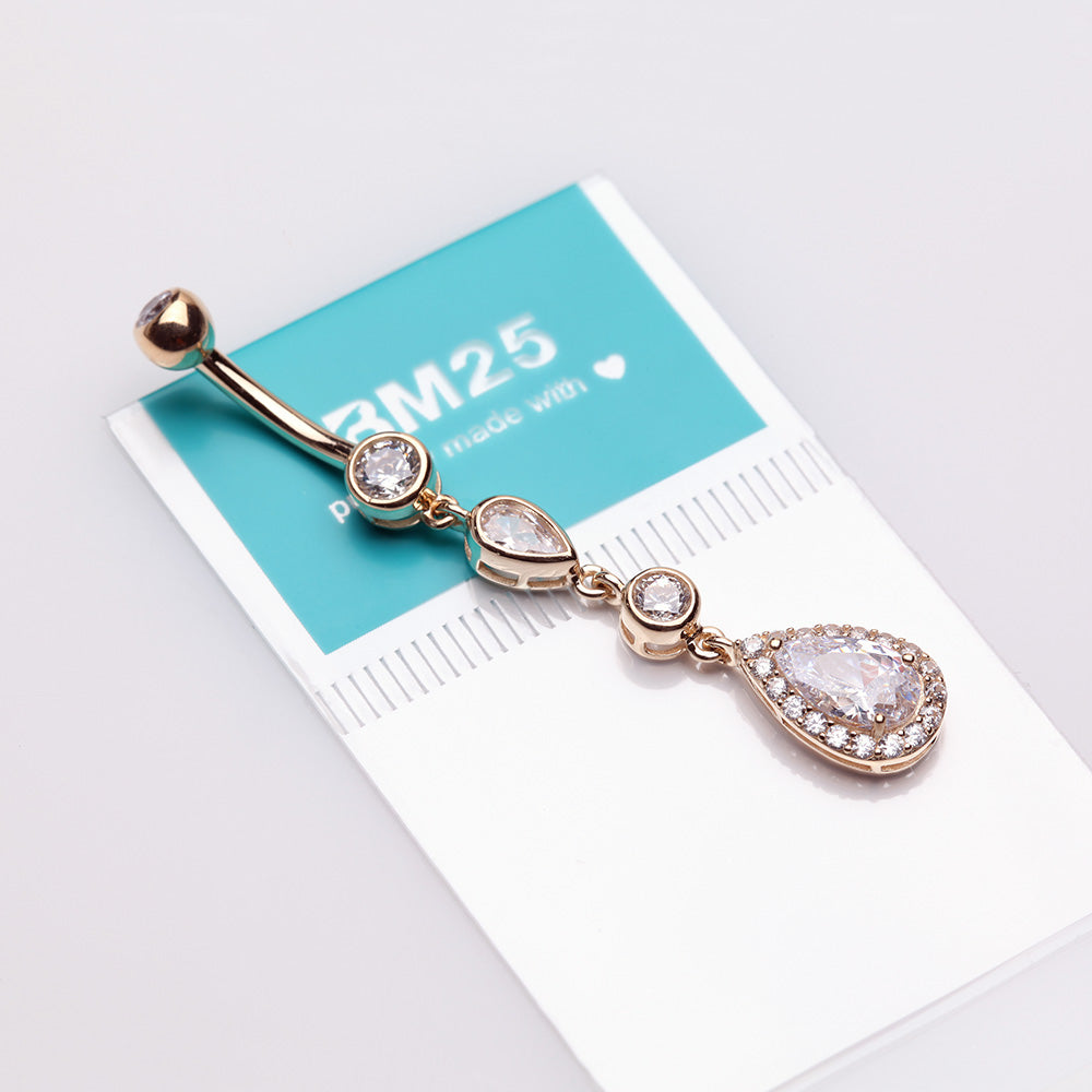 Detail View 3 of 14 Karat Gold Brilliant Teardrop Cascading Sparkle Belly Button Ring-Clear Gem