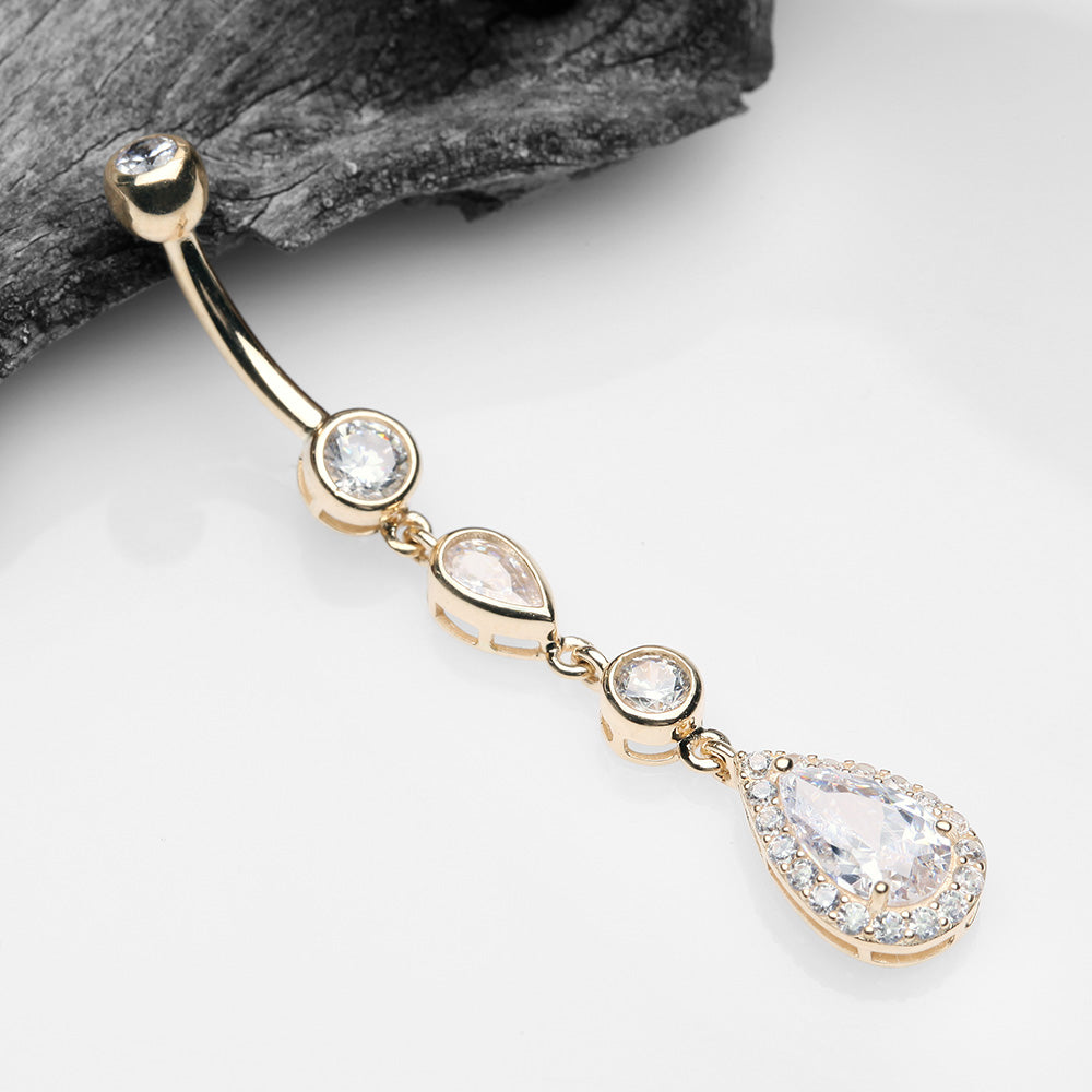 Detail View 2 of 14 Karat Gold Brilliant Teardrop Cascading Sparkle Belly Button Ring-Clear Gem