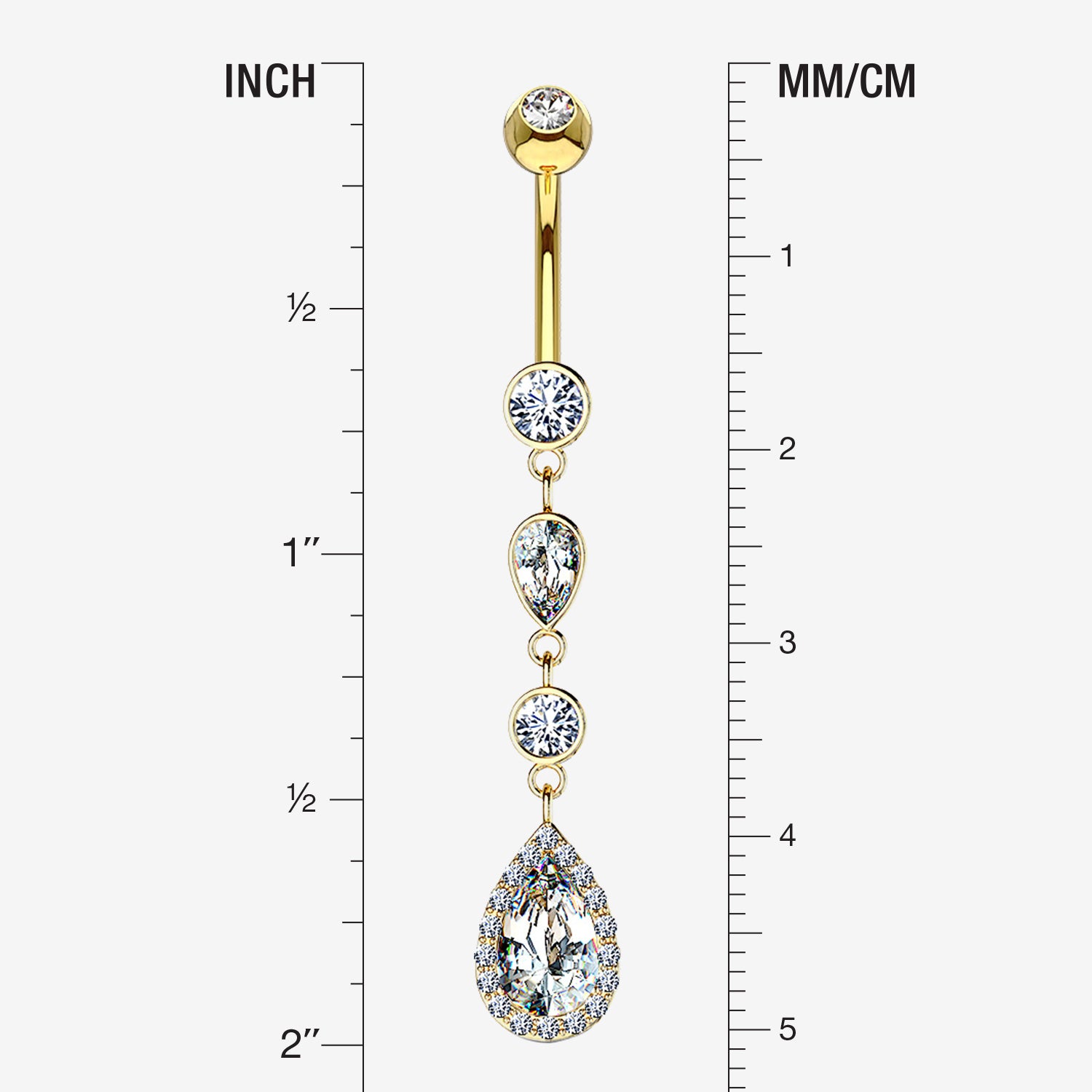 Detail View 1 of 14 Karat Gold Brilliant Teardrop Cascading Sparkle Belly Button Ring-Clear Gem