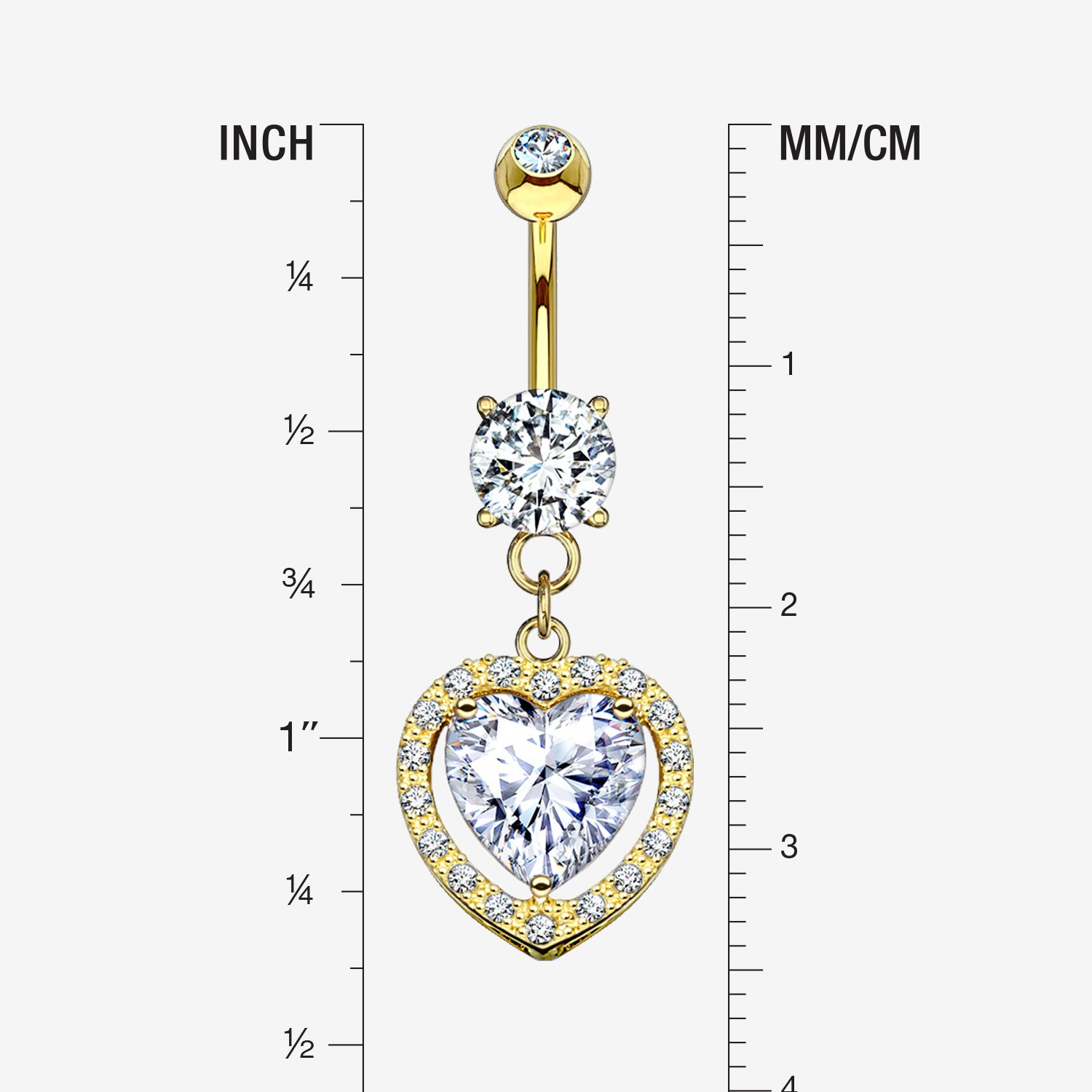 Detail View 1 of 14 Karat Gold Brilliant Heart Solitaire Sparkle Loop Belly Button Ring-Clear Gem