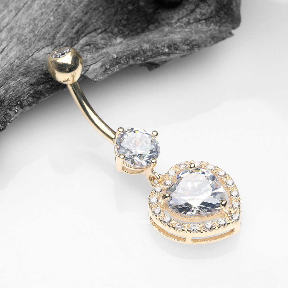 Detail View 2 of 14 Karat Gold Brilliant Heart Solitaire Sparkle Loop Belly Button Ring-Clear Gem