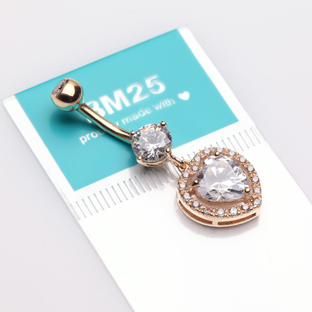 Detail View 3 of 14 Karat Gold Brilliant Heart Solitaire Sparkle Loop Belly Button Ring-Clear Gem