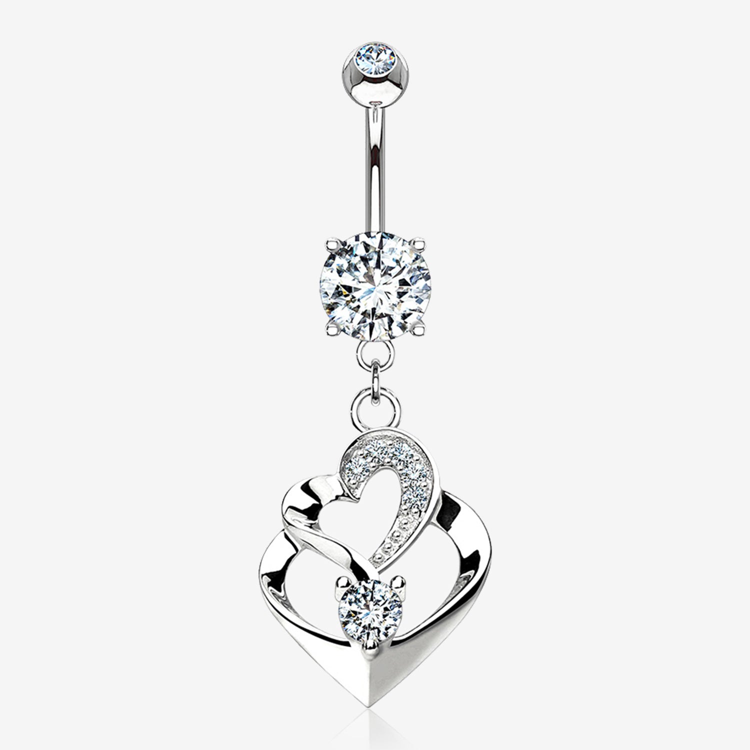 14 Karat White Gold Luscious Heart Twirl Sparkle Belly Button Ring-Clear Gem