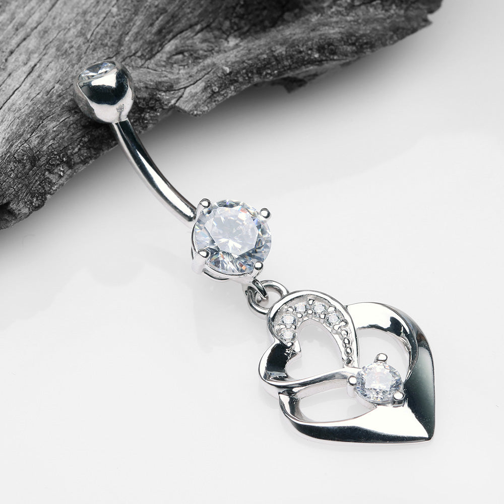 Detail View 2 of 14 Karat White Gold Luscious Heart Twirl Sparkle Belly Button Ring-Clear Gem