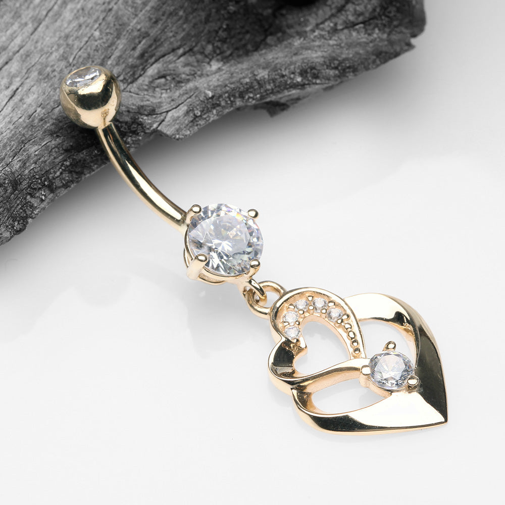 Detail View 2 of 14 Karat Gold Luscious Heart Twirl Sparkle Belly Button Ring-Clear Gem