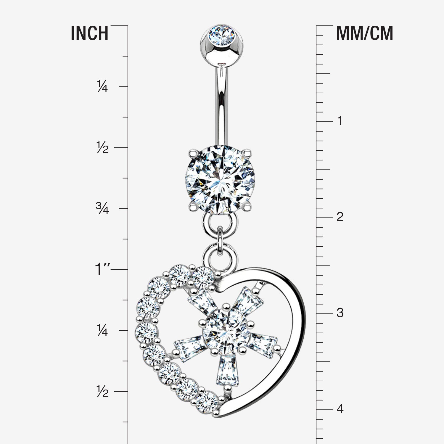 Detail View 1 of 14 Karat White Gold Sparkle Floral Ray Heart Belly Button Ring-Clear Gem