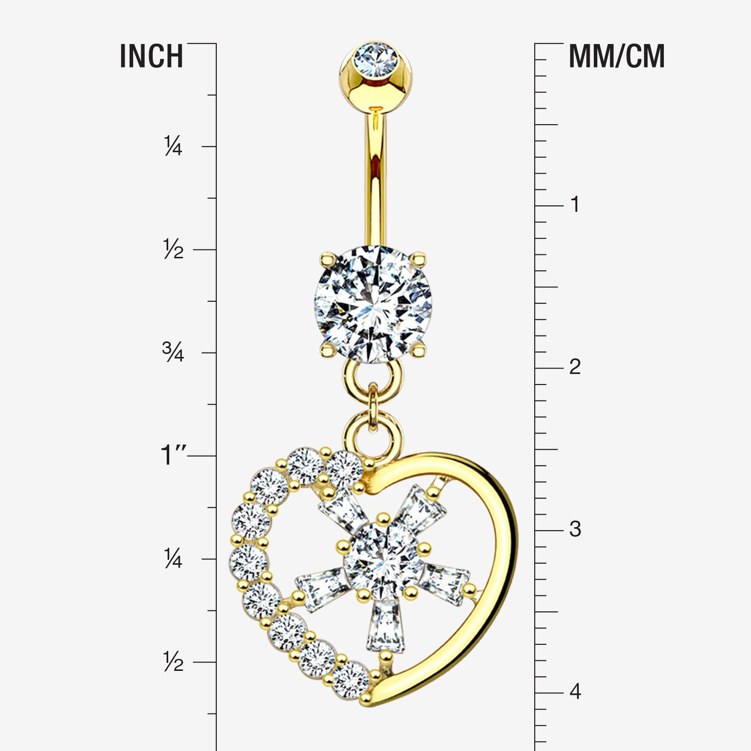 Detail View 1 of 14 Karat Gold Sparkle Floral Ray Heart Belly Button Ring-Clear Gem