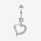 14 Karat White Gold Journey Sparkle Heart Dangle Belly Button Ring-Clear Gem