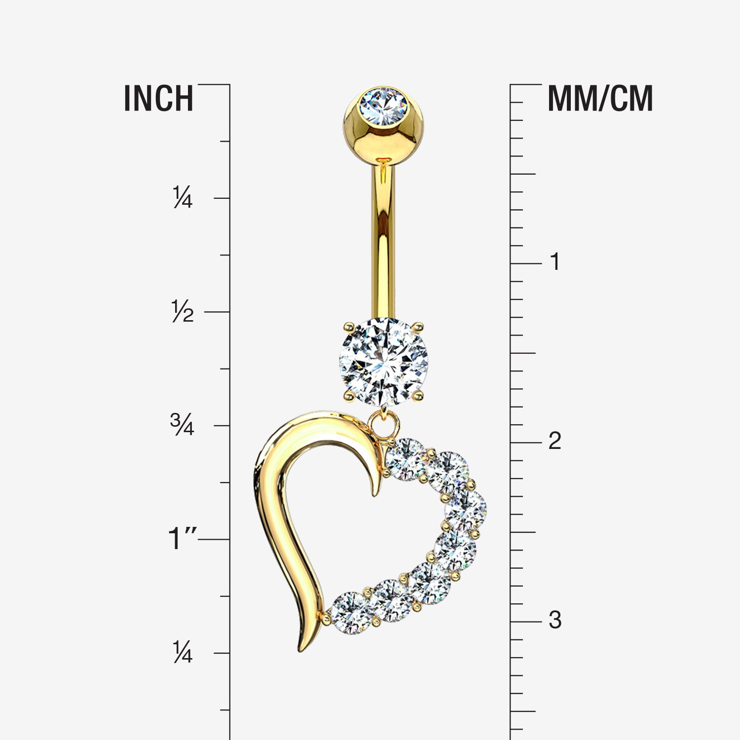 Detail View 1 of 14 Karat Gold Journey Sparkle Heart Dangle Belly Button Ring-Clear Gem