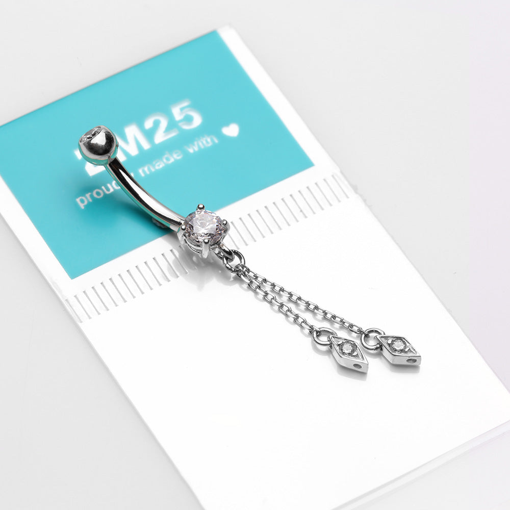 Detail View 3 of 14 Karat White Gold Double Chained Sparkle Dangle Belly Button Ring-Clear Gem