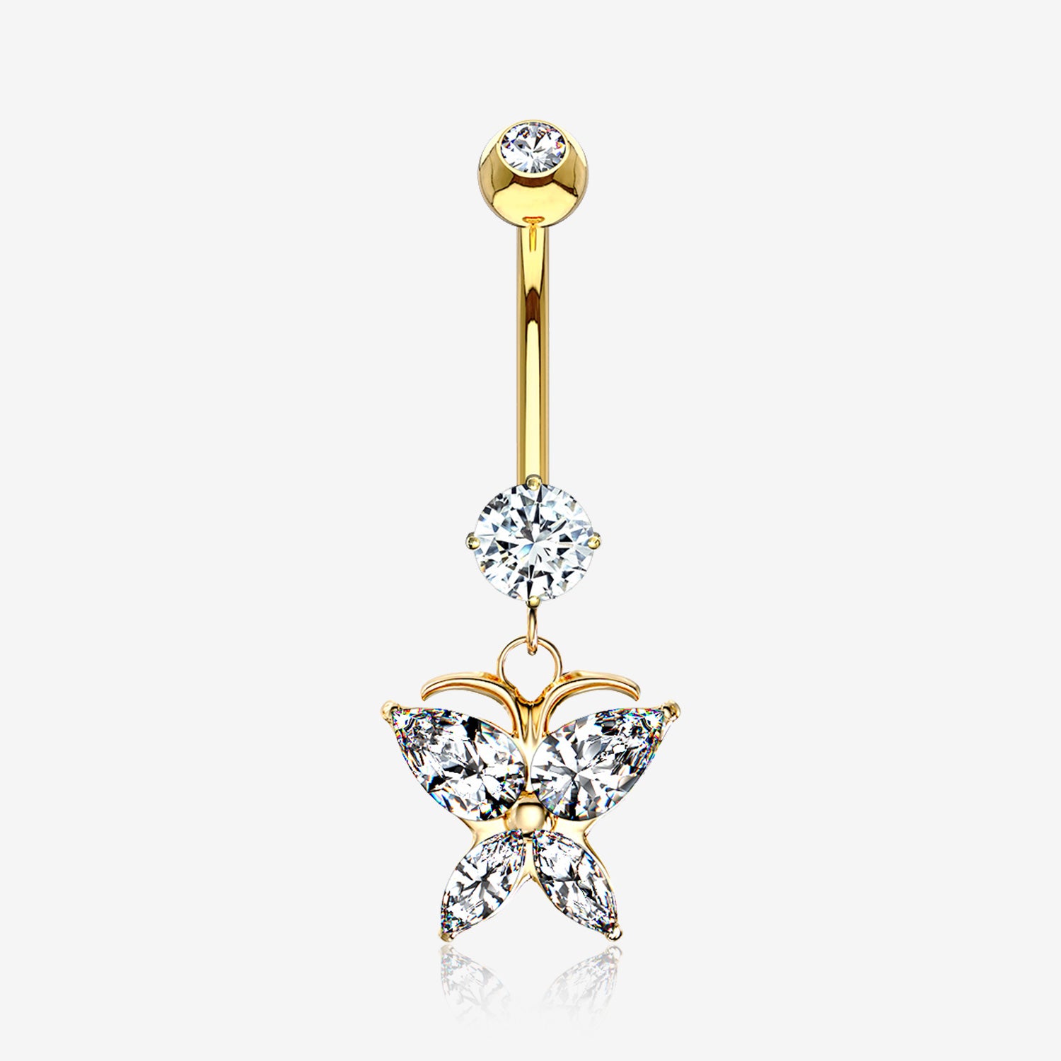 14 Karat Gold Grand Butterfly Marquise Sparkle Dangle Belly Button Ring-Clear Gem
