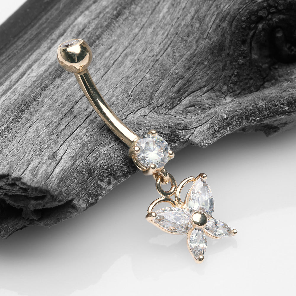 Detail View 2 of 14 Karat Gold Grand Butterfly Marquise Sparkle Dangle Belly Button Ring-Clear Gem