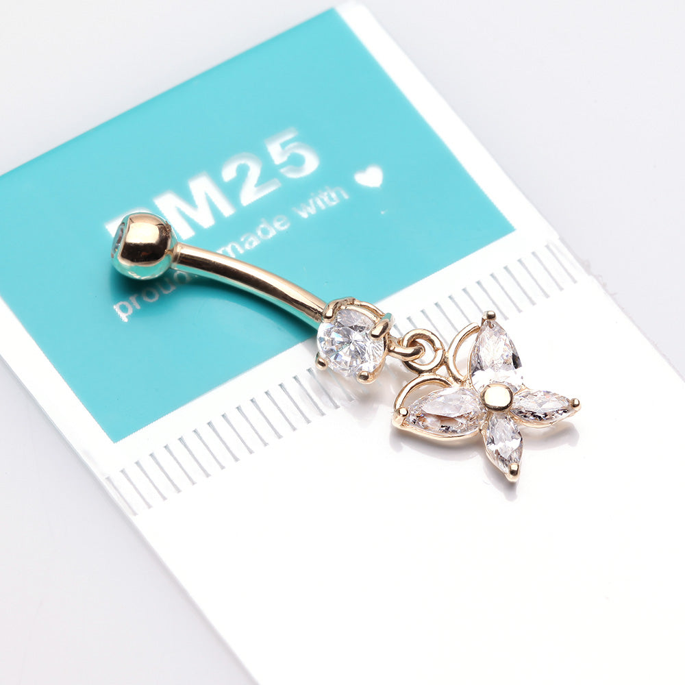 Detail View 3 of 14 Karat Gold Grand Butterfly Marquise Sparkle Dangle Belly Button Ring-Clear Gem