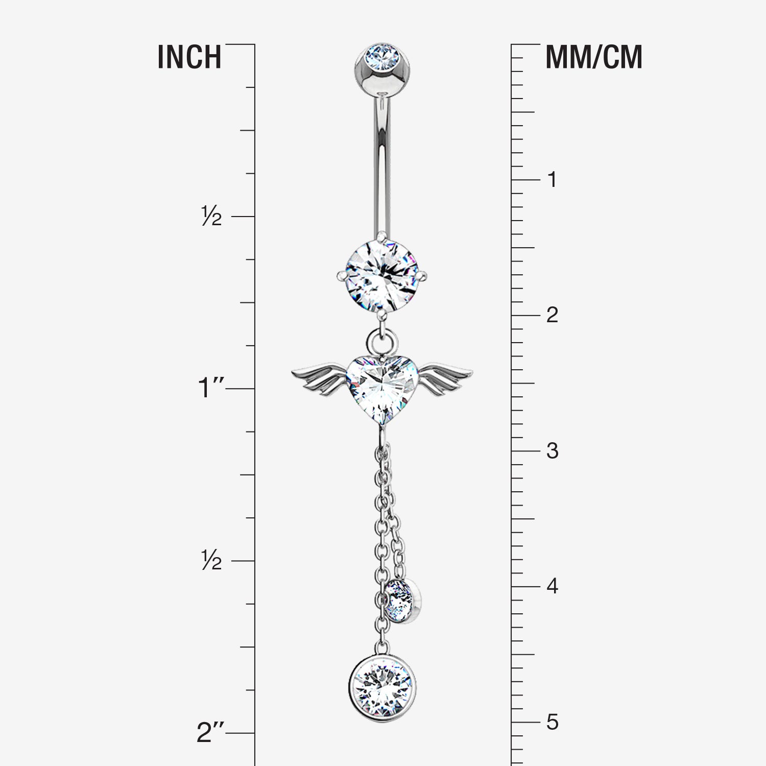 Detail View 1 of 14 Karat White Gold Angel Wing Heart Sparkle Dangle Belly Button Ring-Clear Gem