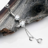Detail View 2 of 14 Karat White Gold Angel Wing Heart Sparkle Dangle Belly Button Ring-Clear Gem