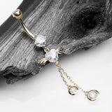 Detail View 2 of 14 Karat Gold Angel Wing Heart Sparkle Dangle Belly Button Ring-Clear Gem