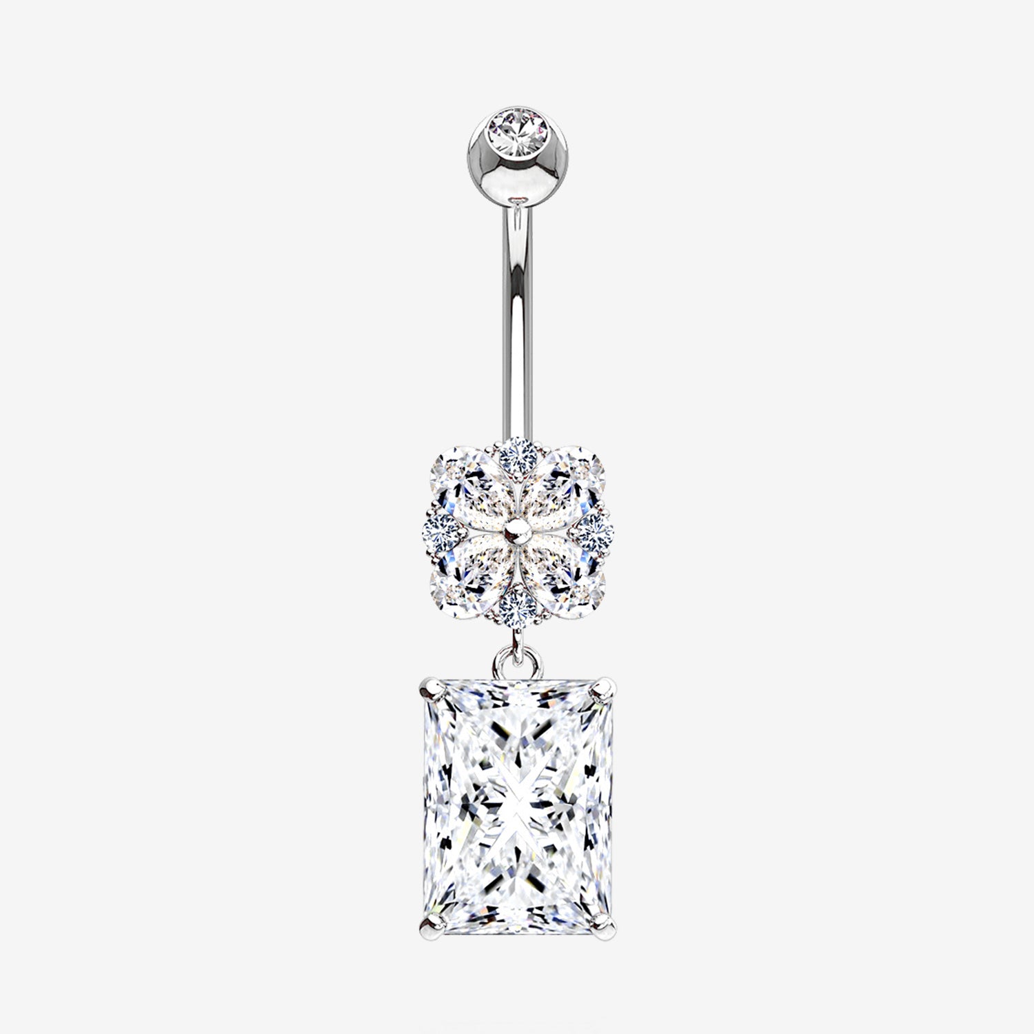 14 Karat White Gold Asscher Cut Sparkle Dangle Multi-Gem Belly Button Ring-Clear Gem