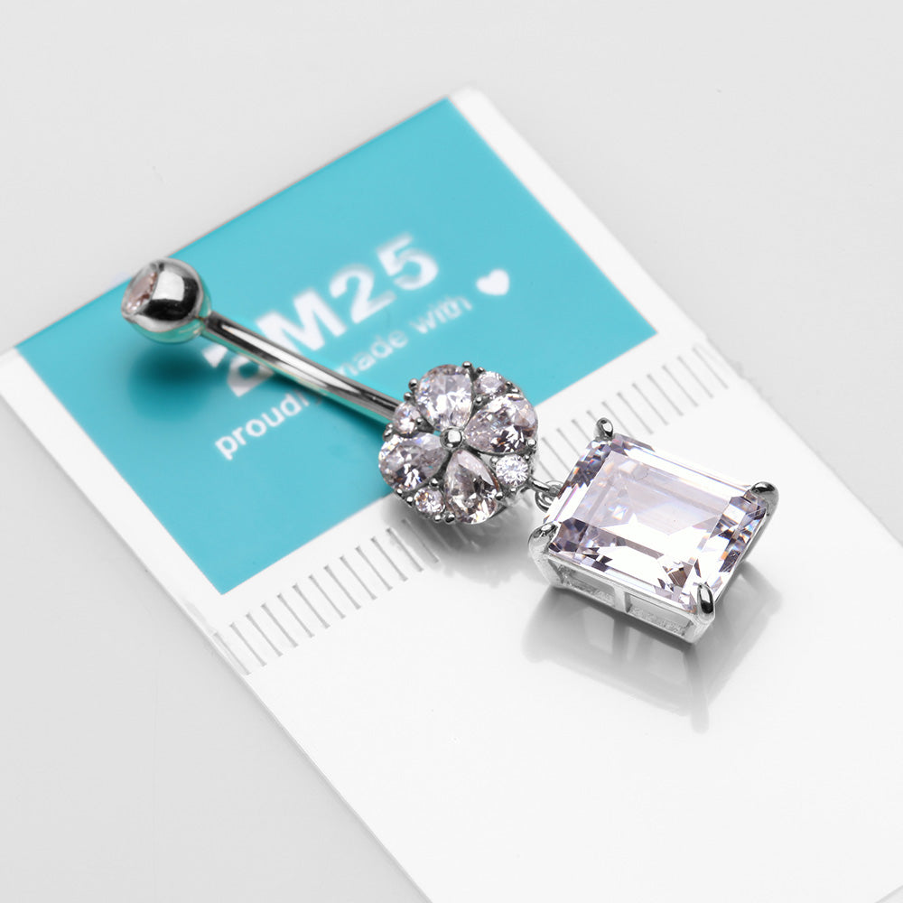 Detail View 3 of 14 Karat White Gold Asscher Cut Sparkle Dangle Multi-Gem Belly Button Ring-Clear Gem