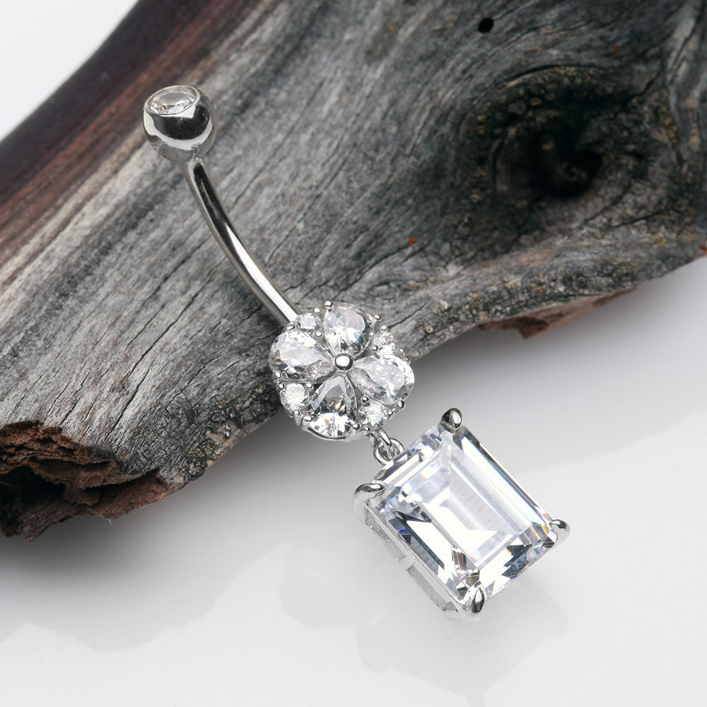 Detail View 2 of 14 Karat White Gold Asscher Cut Sparkle Dangle Multi-Gem Belly Button Ring-Clear Gem