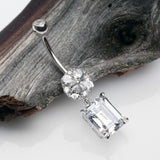 Detail View 2 of 14 Karat White Gold Asscher Cut Sparkle Dangle Multi-Gem Belly Button Ring-Clear Gem