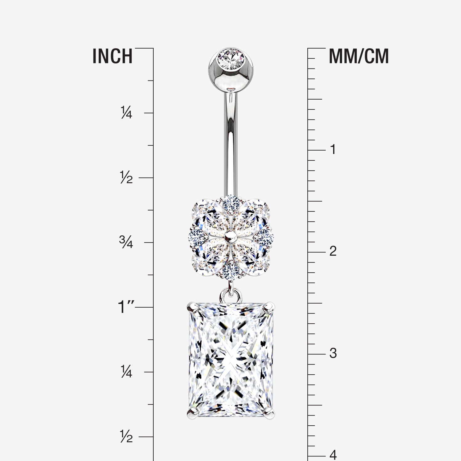 Detail View 1 of 14 Karat White Gold Asscher Cut Sparkle Dangle Multi-Gem Belly Button Ring-Clear Gem