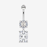 14 Karat White Gold Asscher Cut Sparkle Dangle Multi-Gem Belly Button Ring